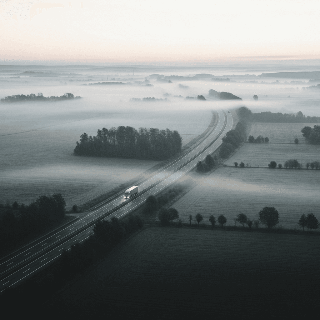 Highway through misty countryside